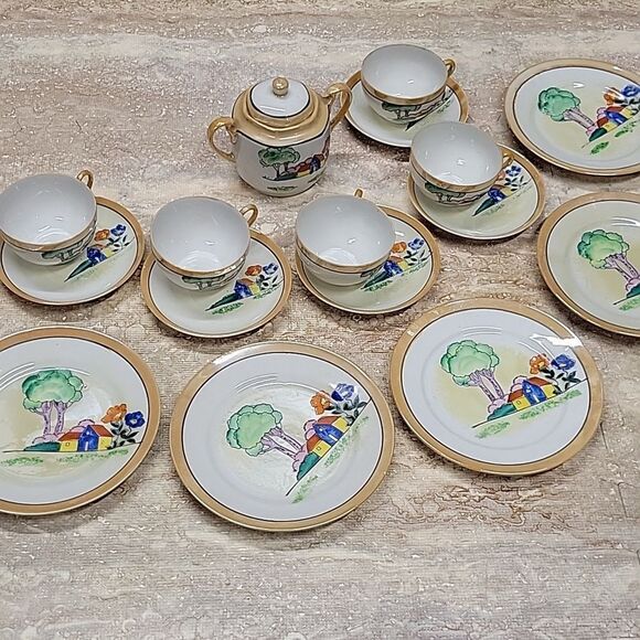 VINTAGE HANDPAINTED TEA SET (5) MADE IN (OCCUPIED) JAPAN TEA POT MISSING - Picture 1 of 8